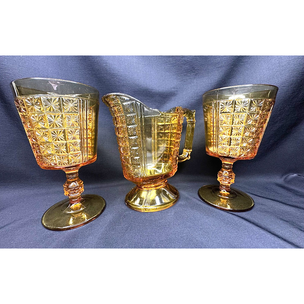 VTG Amber Glass Pitcher & 2 Goblets Daisy Starburst Panel Pattern Indiana Style
